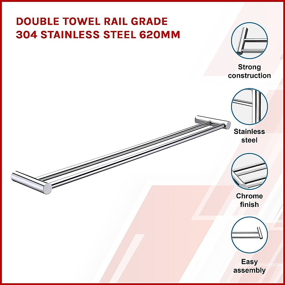 Double Towel Rail Grade 304 Stainless Steel 620mm