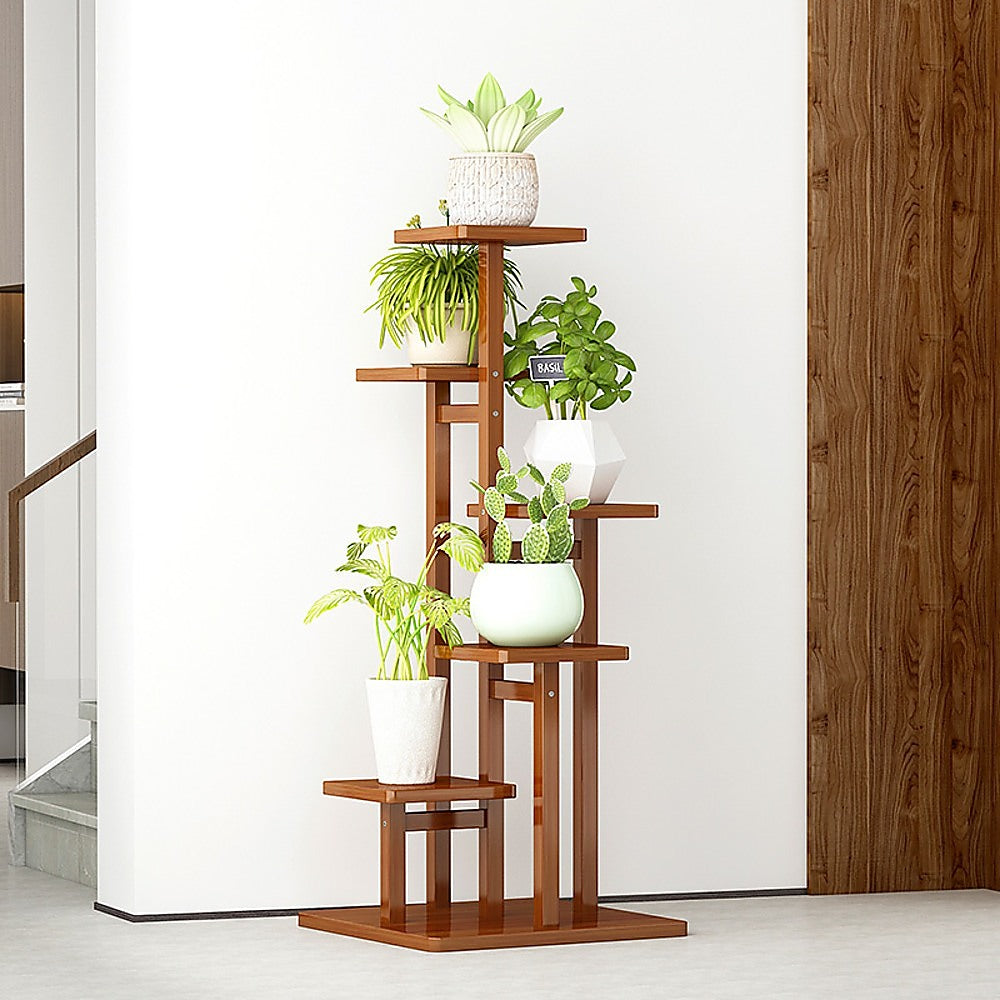 5 Tiers Vertical Bamboo Plant Stand Staged Flower Shelf Rack Outdoor Garden