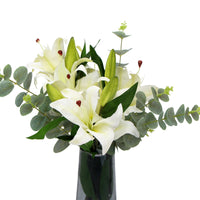 Thumbnail for Premium Faux White Lily In Glass Vase (Tiger Lily Bouquet With Eucalyptus)