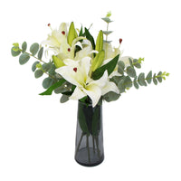 Thumbnail for Premium Faux White Lily In Glass Vase (Tiger Lily Bouquet With Eucalyptus)