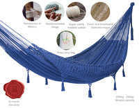 Thumbnail for Outdoor undercover cotton Mayan Legacy hammock with hand crocheted tassels King Size Blue