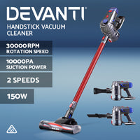 Thumbnail for Devanti Handheld Vacuum Cleaner Cordless Stick Handstick Vac Bagless 2-Speed Headlight Red