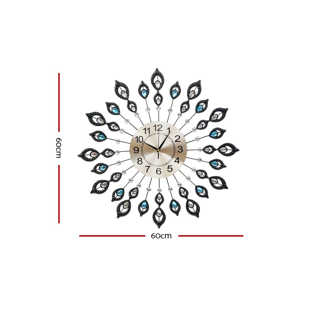 Artiss 60CM Peacock Wall Clock Large 3D Modern Crystal Luxury Round Wall Clocks Home Decor Black