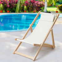 Thumbnail for Gardeon Outdoor Chairs Sun Lounge Deck Beach Chair Folding Wooden Patio Furniture Beige